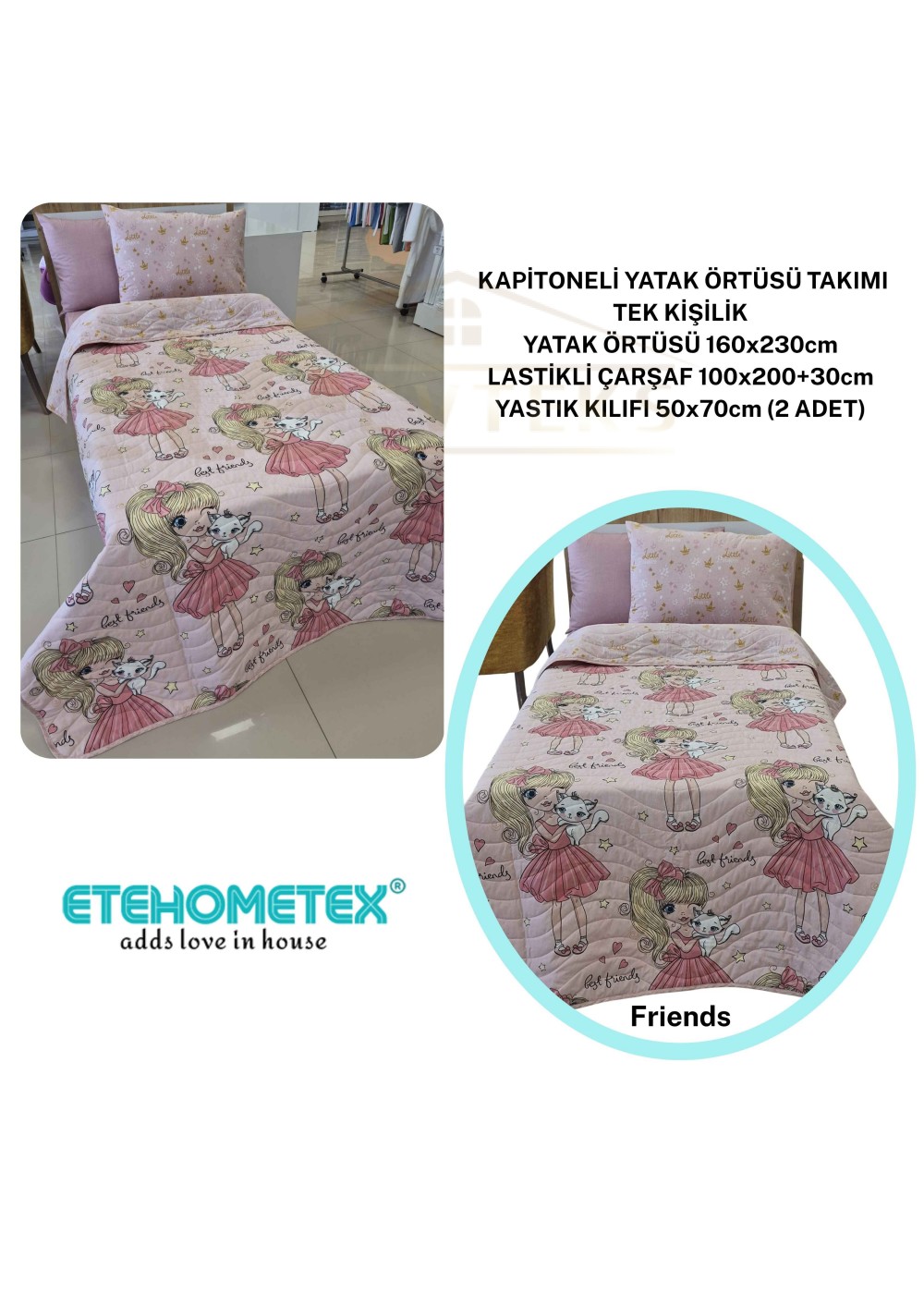 ETEHOMETEX Pamuklu Kapitoneli Yatak Örtüsü TAKIMI TEK KİŞİLİK Friends 8696474232122